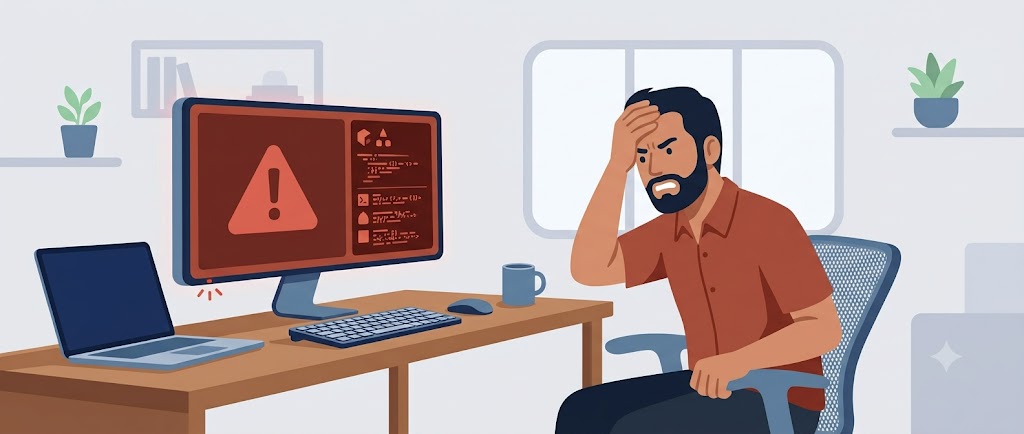 Illustration: gestresster Business-Central-Administrator vor einer Fehlermeldung