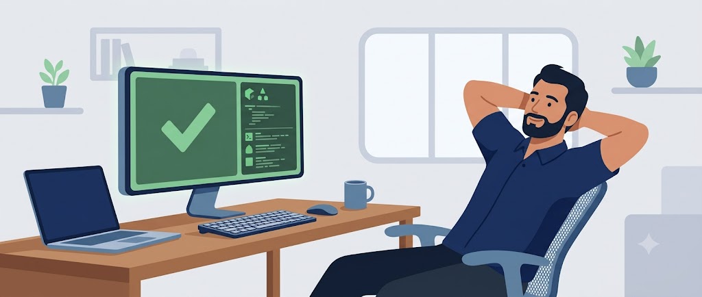 Illustration: entspannter Business-Central-Administrator nach erfolgreicher Werteübernahme