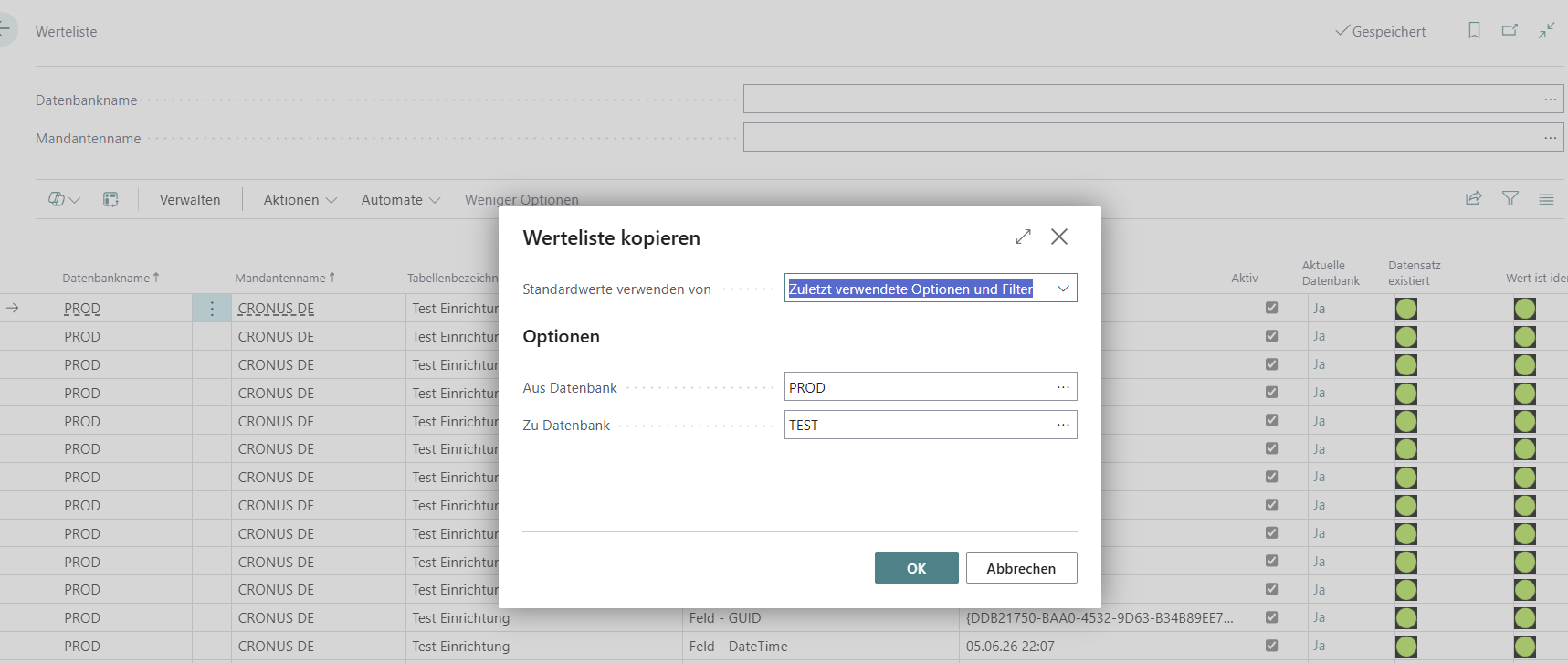 Werteliste mit hinterlegten Zielwerten für die neue Umgebung